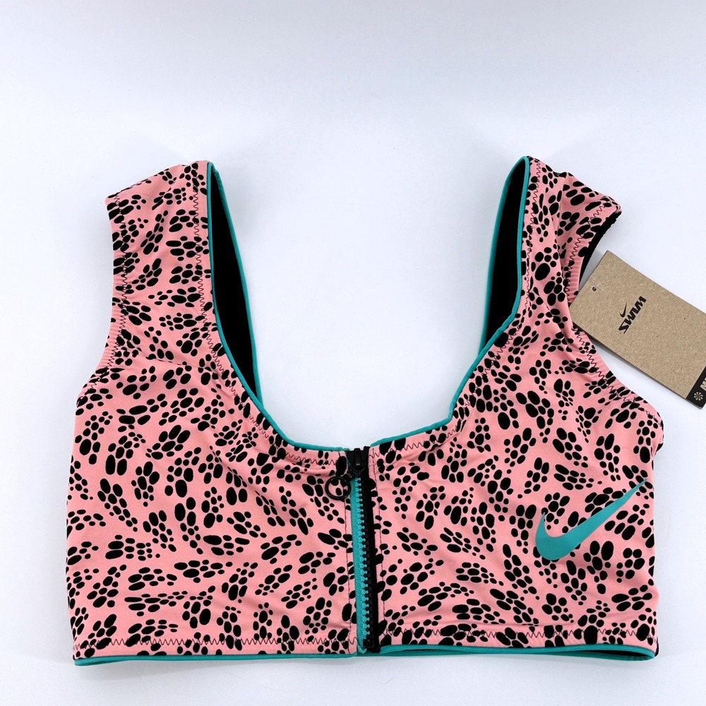 Nike Swim Womens Coral Black Party Dots Print Front Zip Bikini Top Medium NEW - Picture 2 of 11